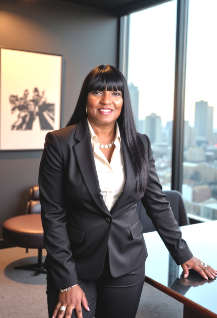 Woman in black suit stands in office with cityscape view.