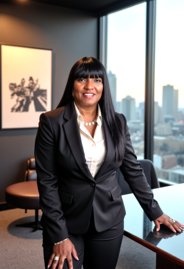 A woman in a black suit is leaning on a desk