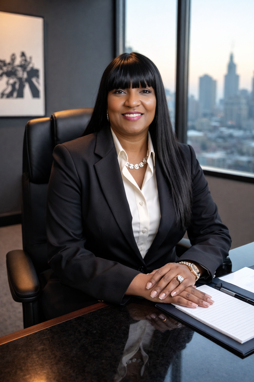 A person with long dark hair, wearing a gray blazer and black top, smiles while sitting in a bright room.