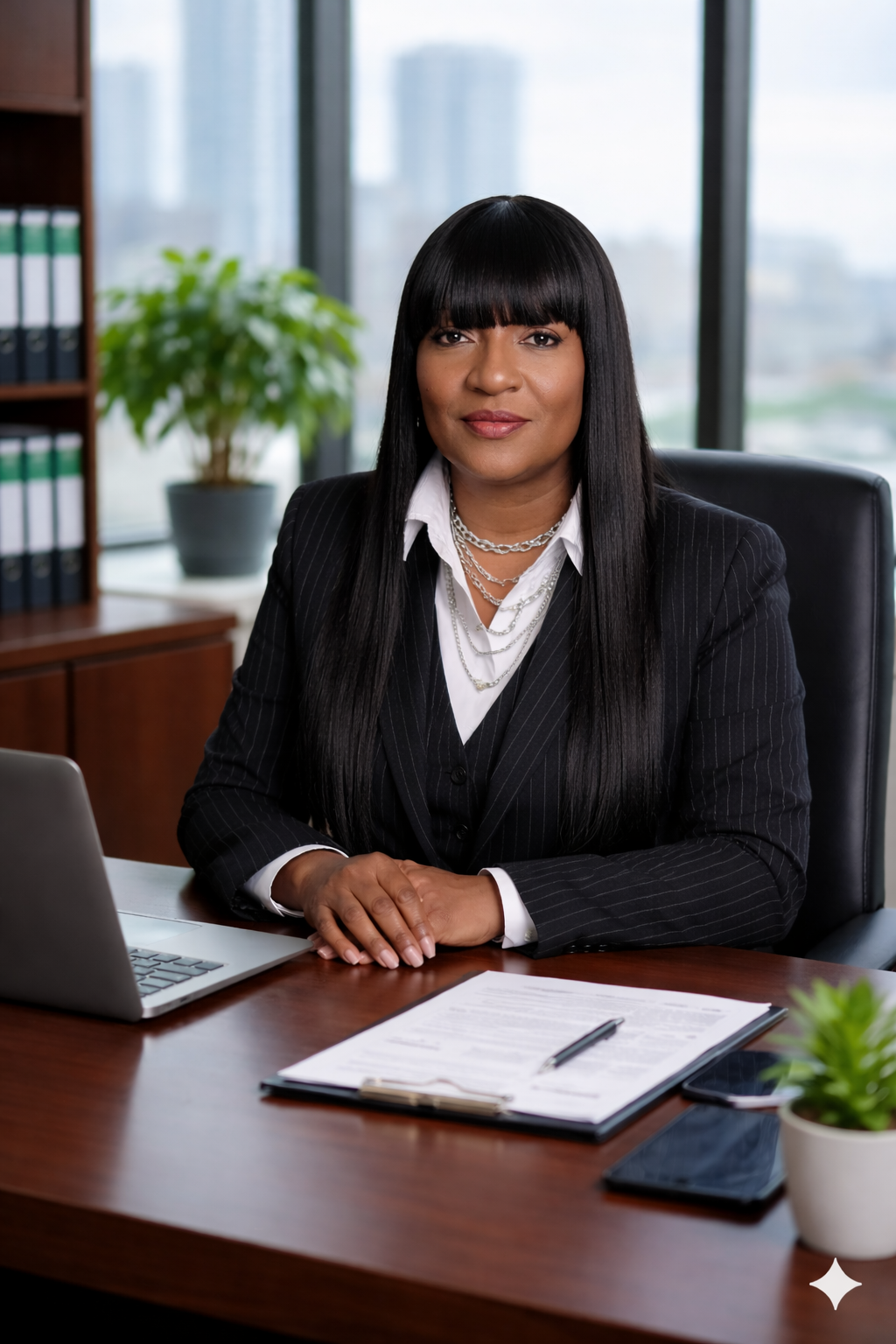 A smiling professional in a gray blazer and black top sits in a brightly lit office setting.