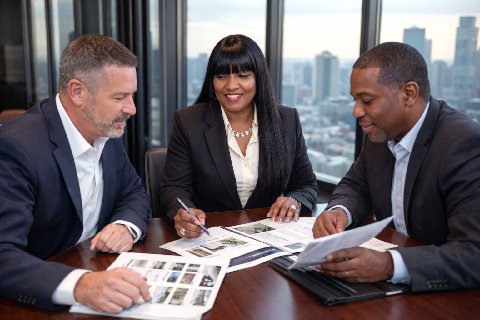 Three professionals in suits sit at a table in a high-rise office, reviewing documents and discussing work together.