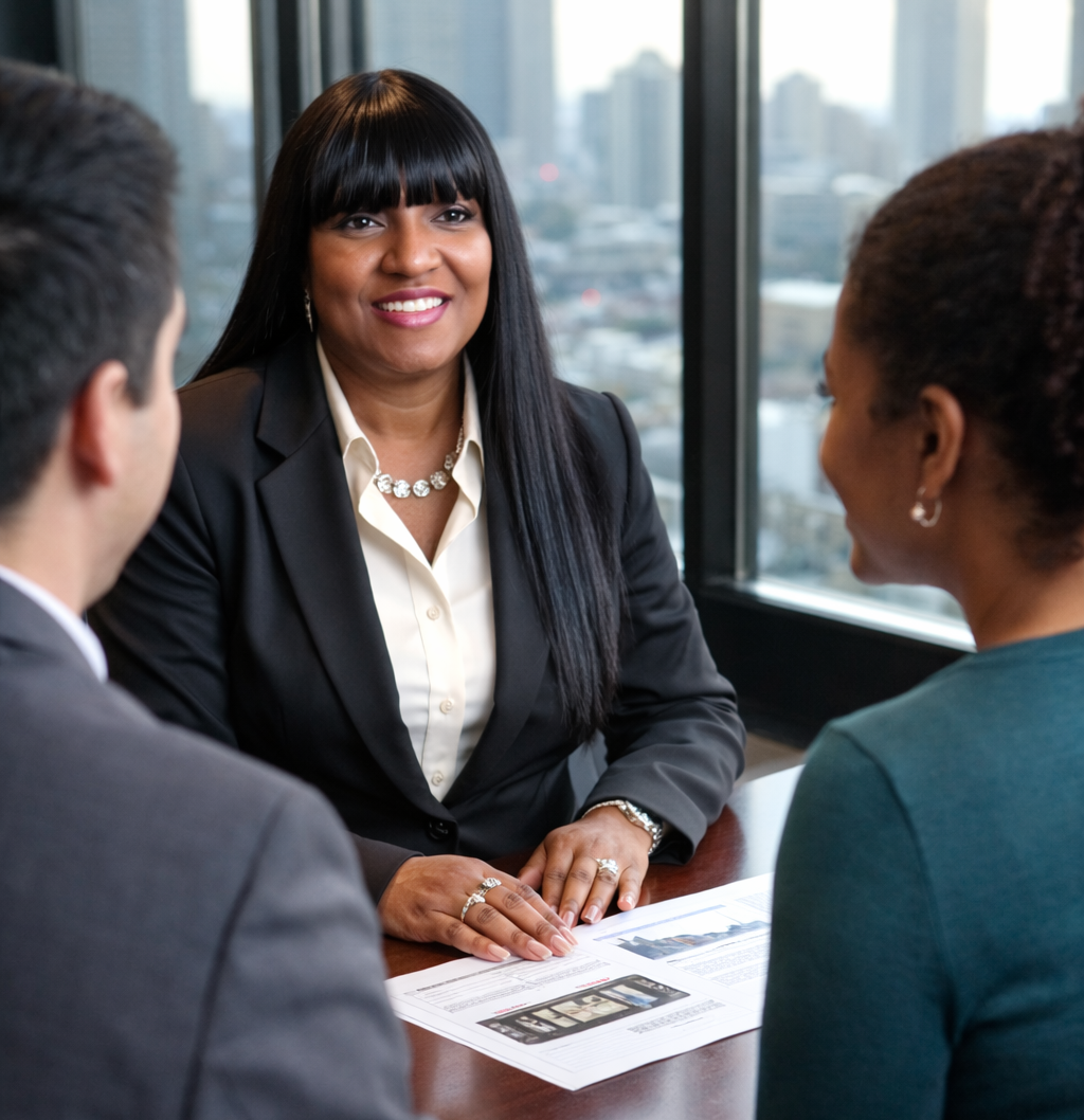 Woman in a suit smiling at two people at a table, likely in a business meeting. City view in background.