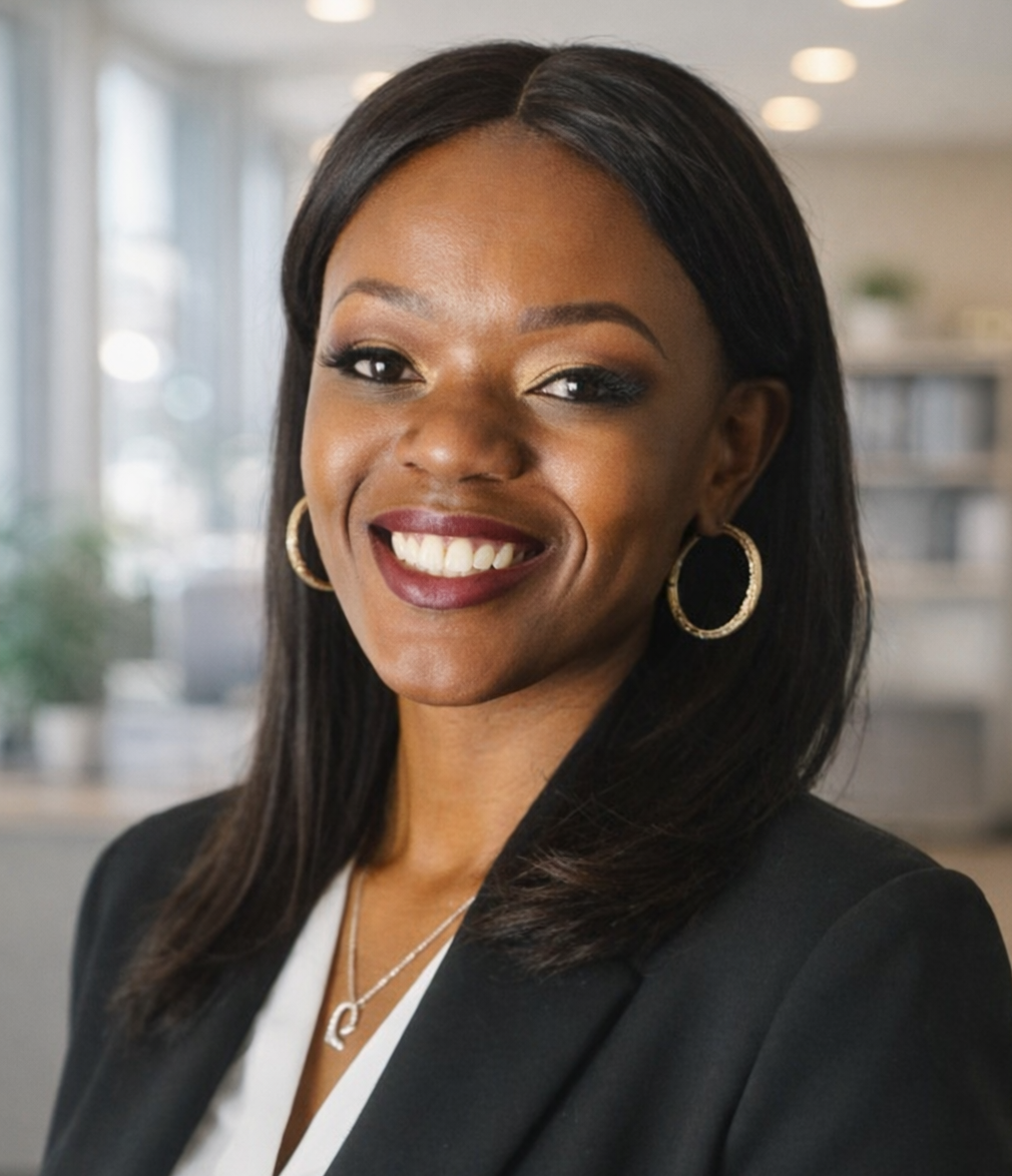 Headshot of a smiling person wearing a dark blazer, white top, necklace, and hoop earrings in a professional office.