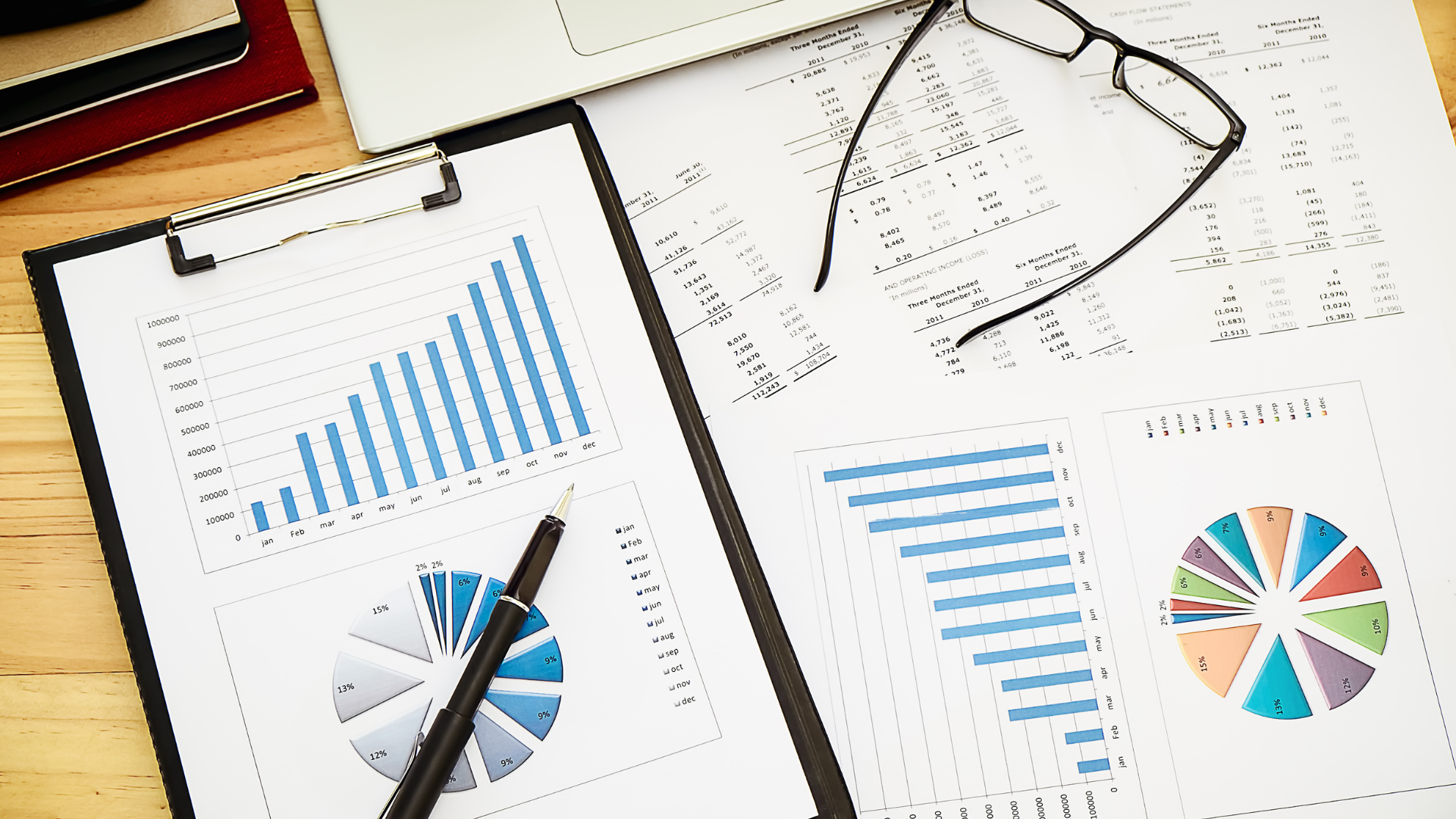 Reports with charts and graphs, pen, glasses, and notebooks on a wooden desk.