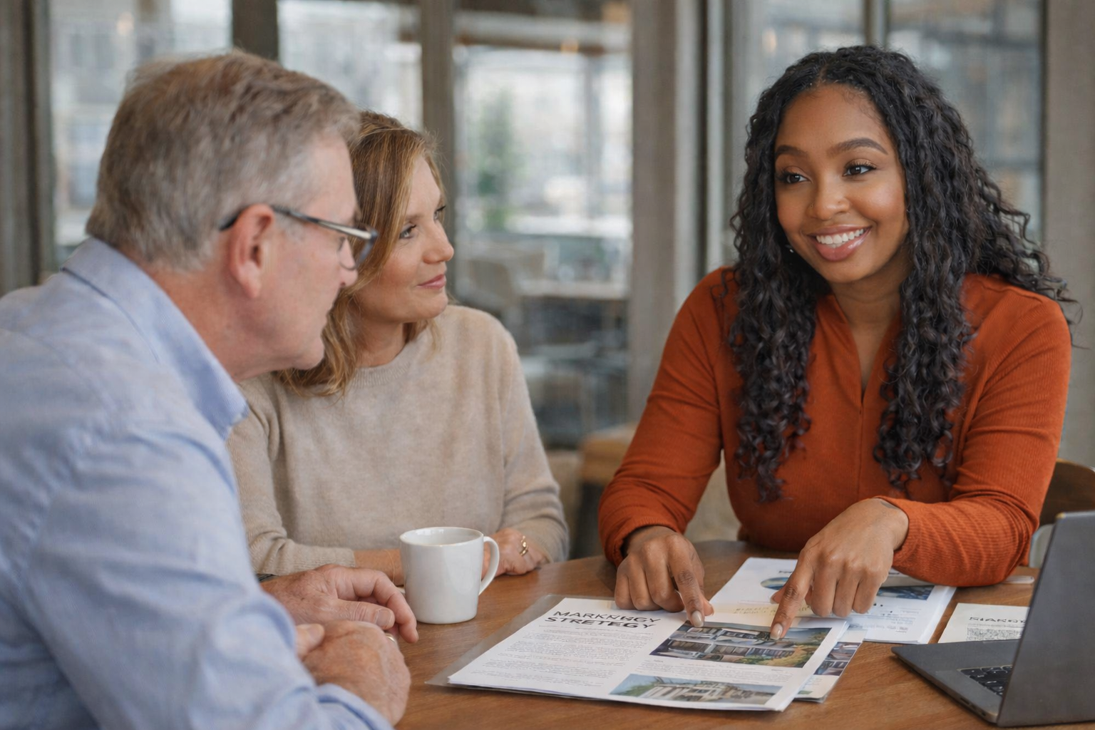 A diverse group of professionals sits around a conference table in an office, reviewing business data and documents.