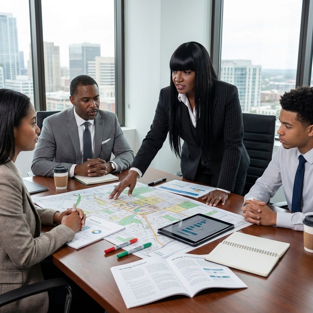 Four business people around a table, reviewing maps and documents in an office with city views.