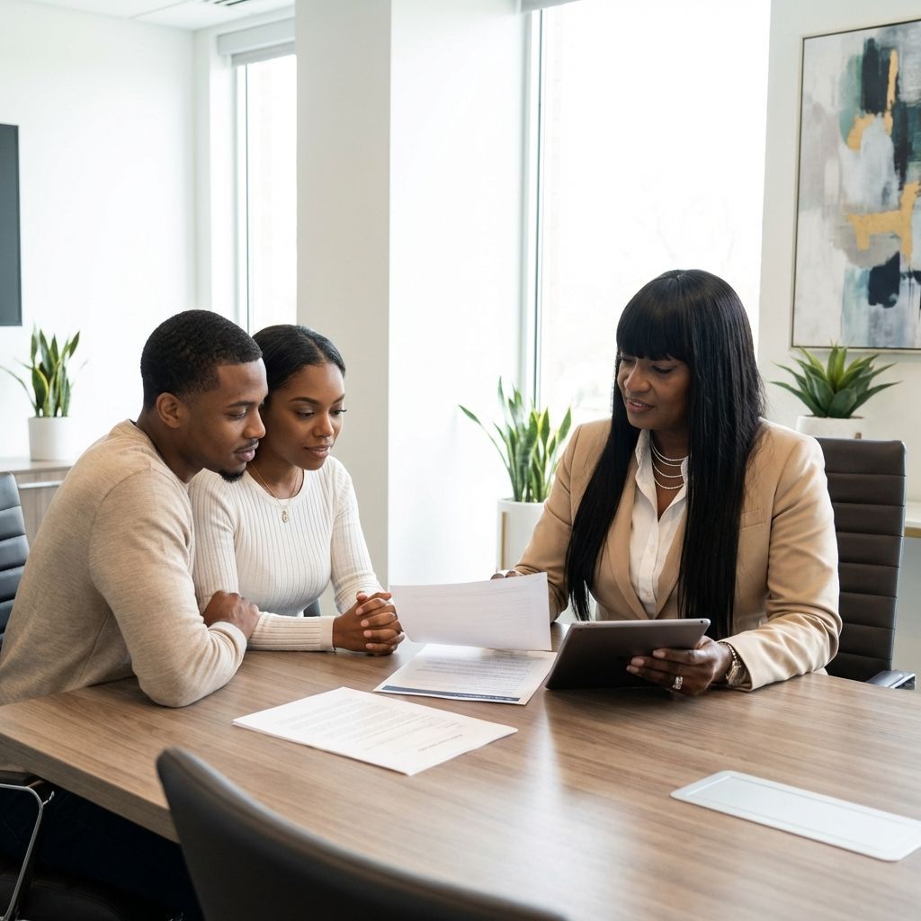 A man in a suit gestures to a couple at a desk in an office, advising them.