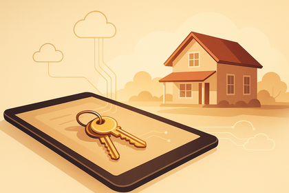 A tablet with a pair of keys on it in front of a house.