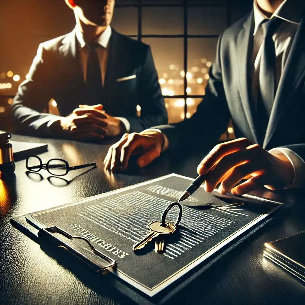 Two men in suits are sitting at a table signing a contract.