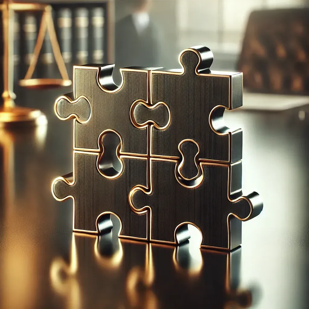 A puzzle piece is sitting on a table in front of a scale of justice.