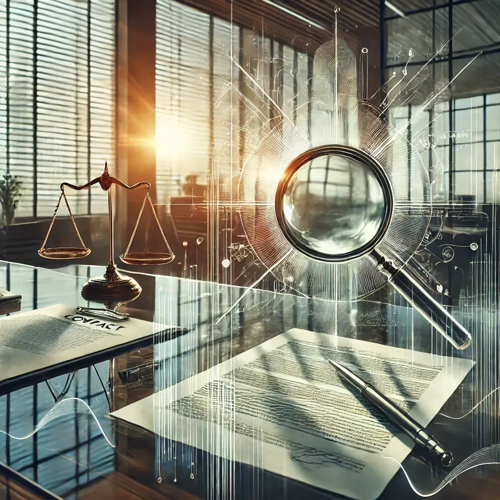 A magnifying glass is sitting on a table next to a scale of justice.