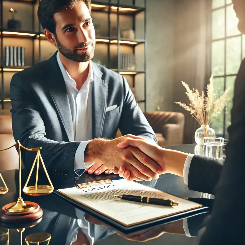 A man in a suit is shaking hands with a woman at a table.