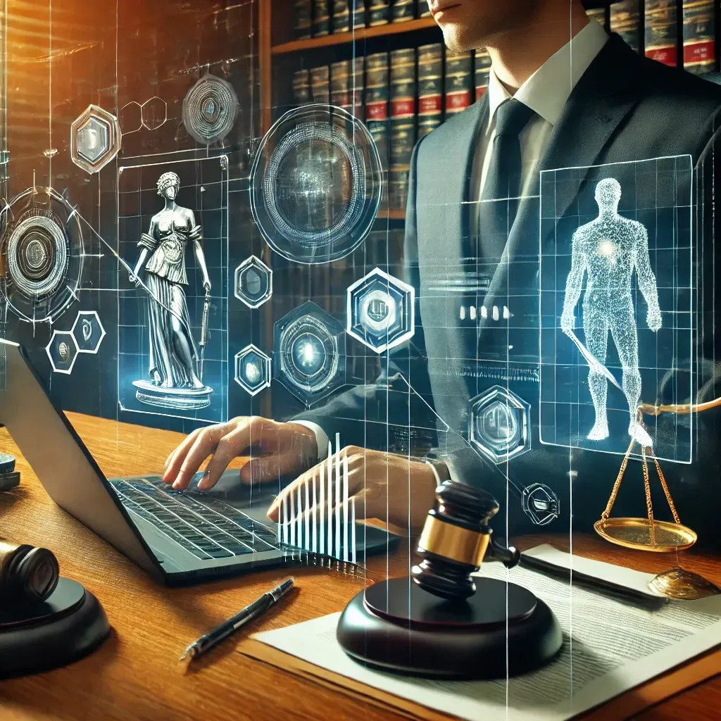 A man in a suit is sitting at a desk using a laptop computer.