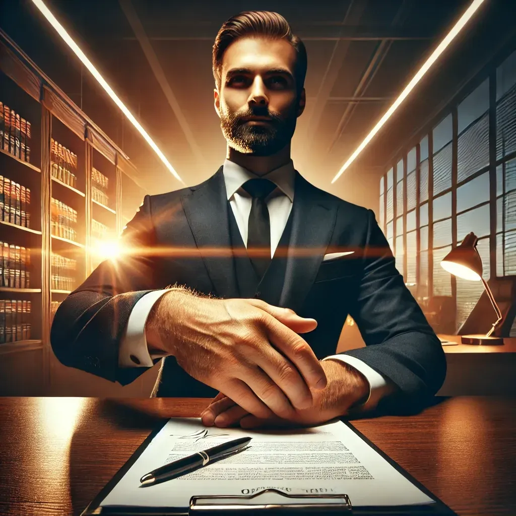 A man in a suit and tie is sitting at a desk with a clipboard and pen.