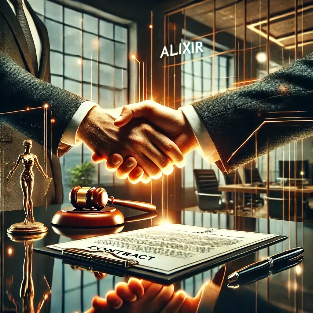 Two men are shaking hands over a contract in an office.