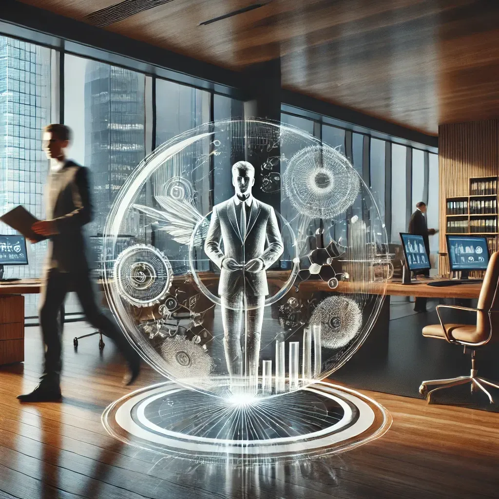 A man in a suit is standing in an office surrounded by gears.