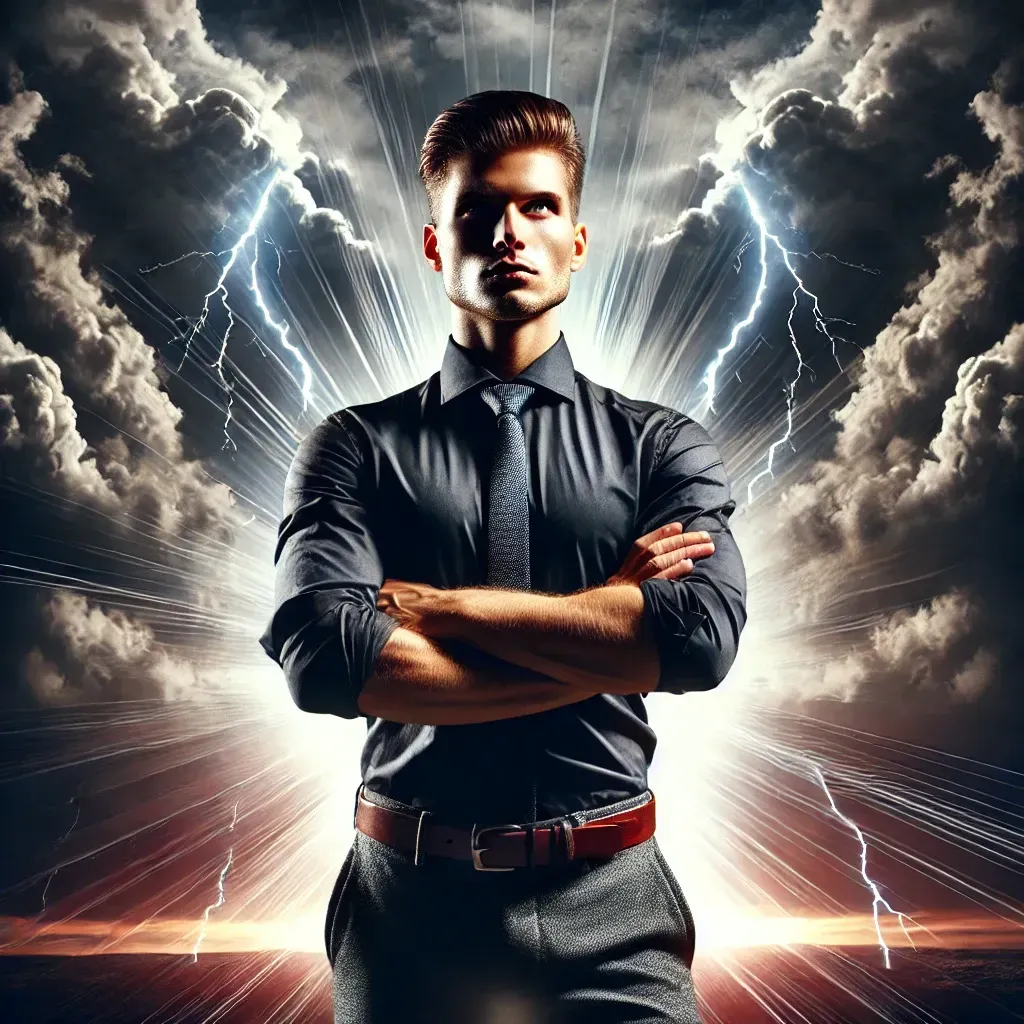 A man in a suit and tie is standing with his arms crossed in front of a cloudy sky with lightning.