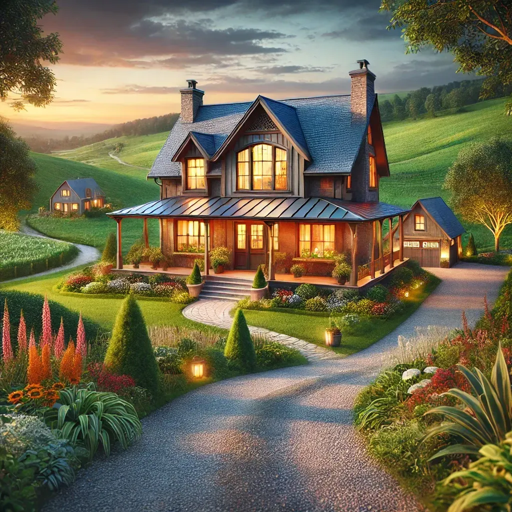 A house in the middle of a lush green field with a driveway leading to it.
