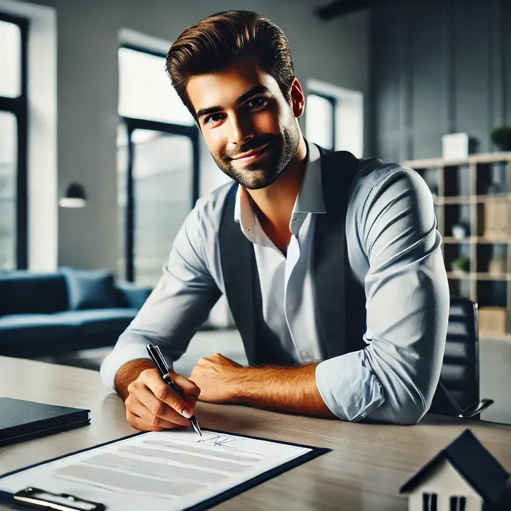 A man is sitting at a desk signing a document.