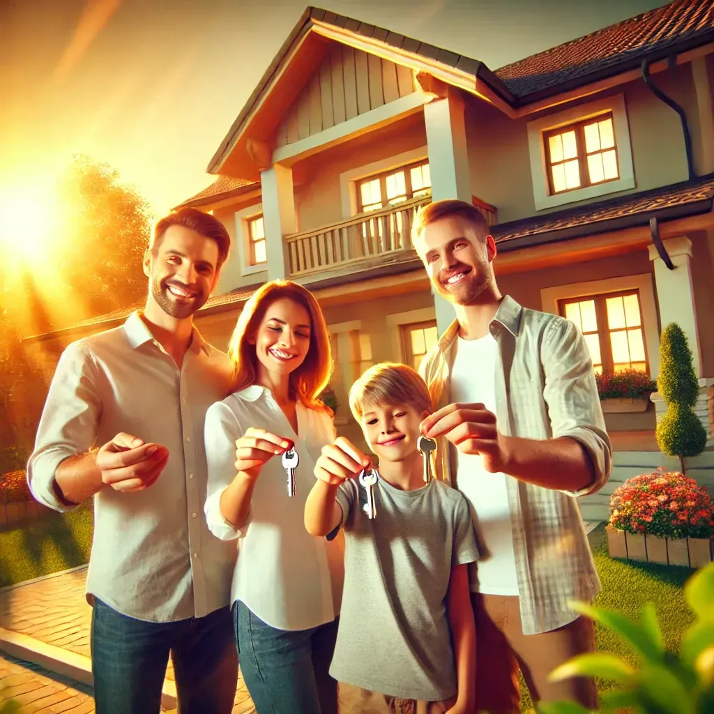 A family is standing in front of a house holding keys.