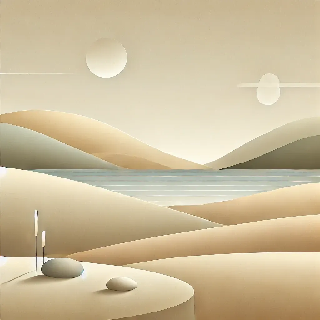 An illustration of a desert landscape with mountains and a lake.