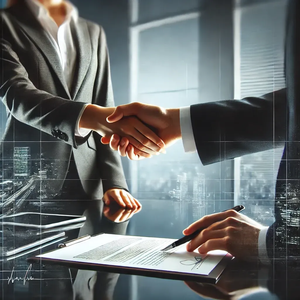 A man and a woman are shaking hands over a signed document.