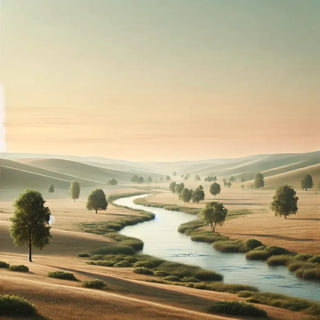 A river runs through a valley surrounded by trees