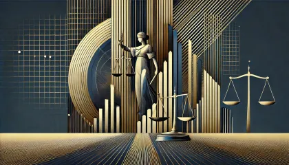 A statue of justice with scales of justice in front of a building.