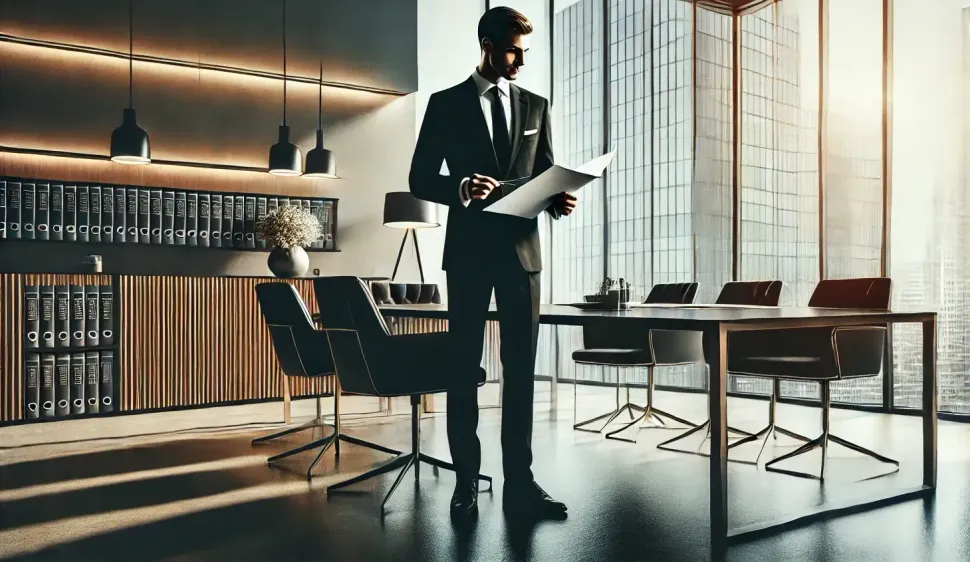 A man in a suit and tie is standing in an office looking at a piece of paper.