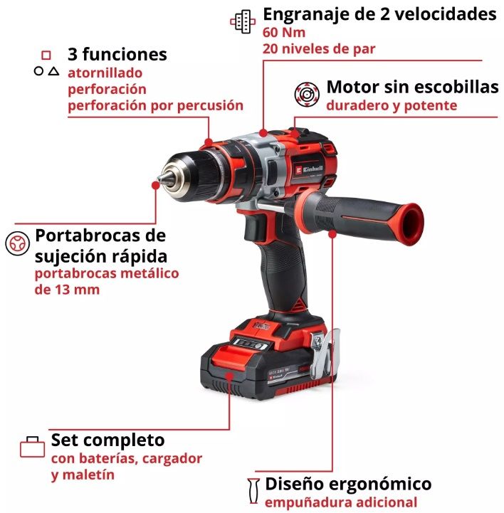 Taladro Percutor Inalámbrico Brushless TE-CD 18/50 Li-i BL Kit - EINHELL