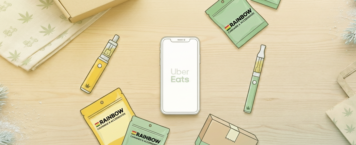 Cannabis delivery graphic showing Uber Eats smartphone screen