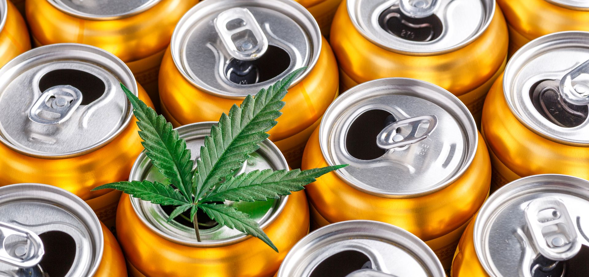 golden cannabis beverages cans with a leaf on top