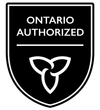 A black and white shield with the words ontario authorized on it.