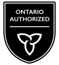 A black and white shield with the words ontario authorized on it.