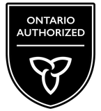 A black and white shield with the words ontario authorized on it.