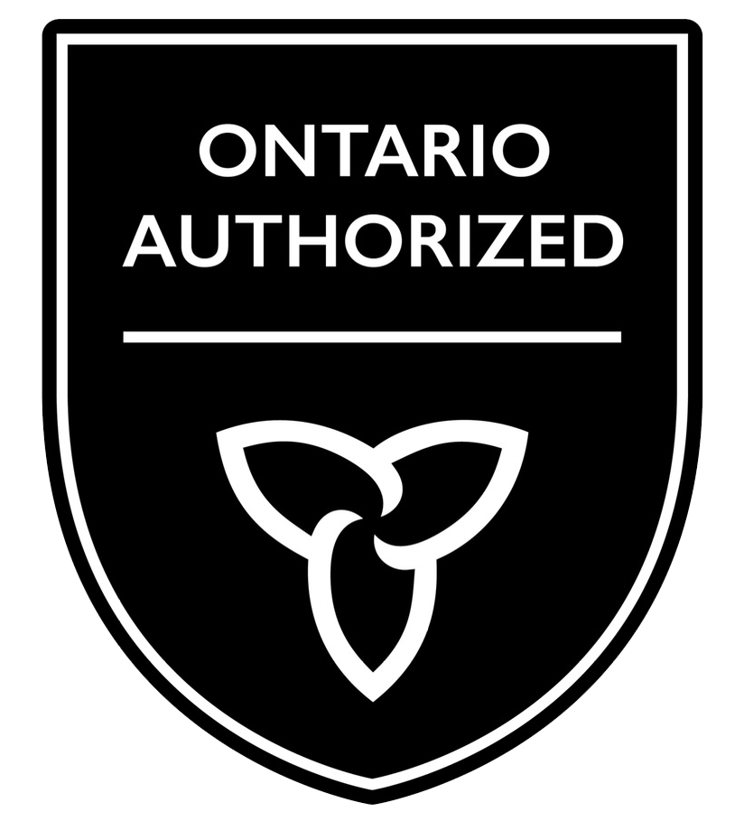 A black and white shield with the words ontario authorized on it.