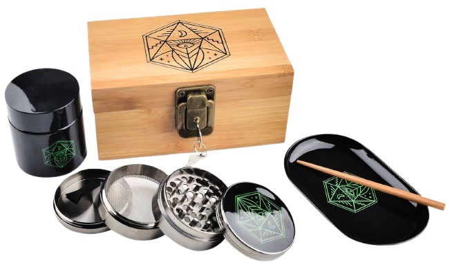 Complete cannabis rolling kit with grinder, rolling tray, and storage box, a practical gift for cannabis enthusiasts