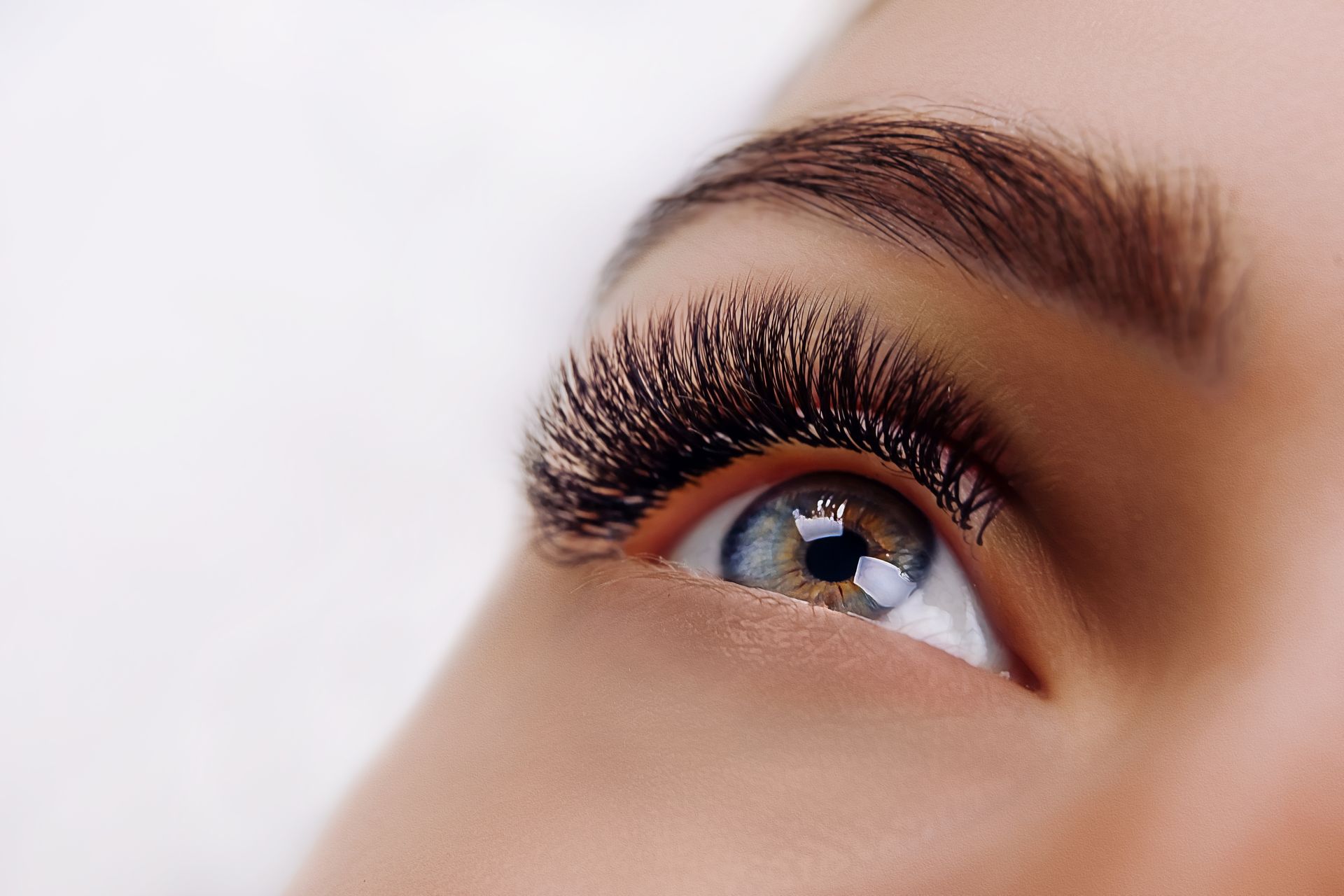 a close up of a woman 's eye with long eyelashes .