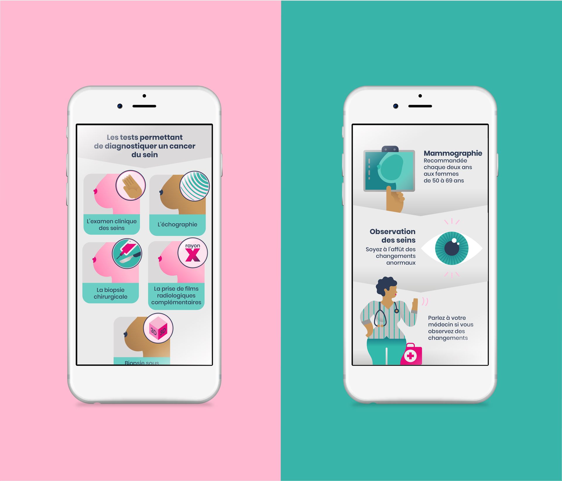 Quebec breast cancer foundation. Illustration and layout for the breast cancer foundation app