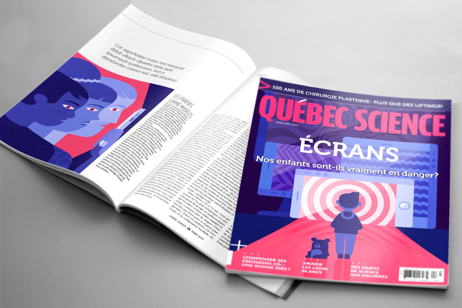 Quebec Science. Illustration for the magazine, article about screen and parenting