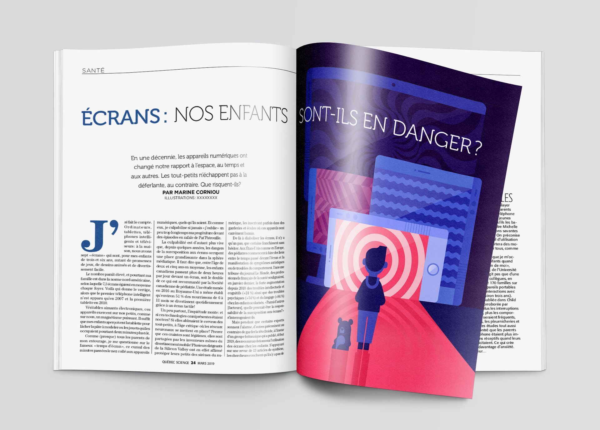 Quebec Science. Illustration for the magazine, article about screen and parenting
