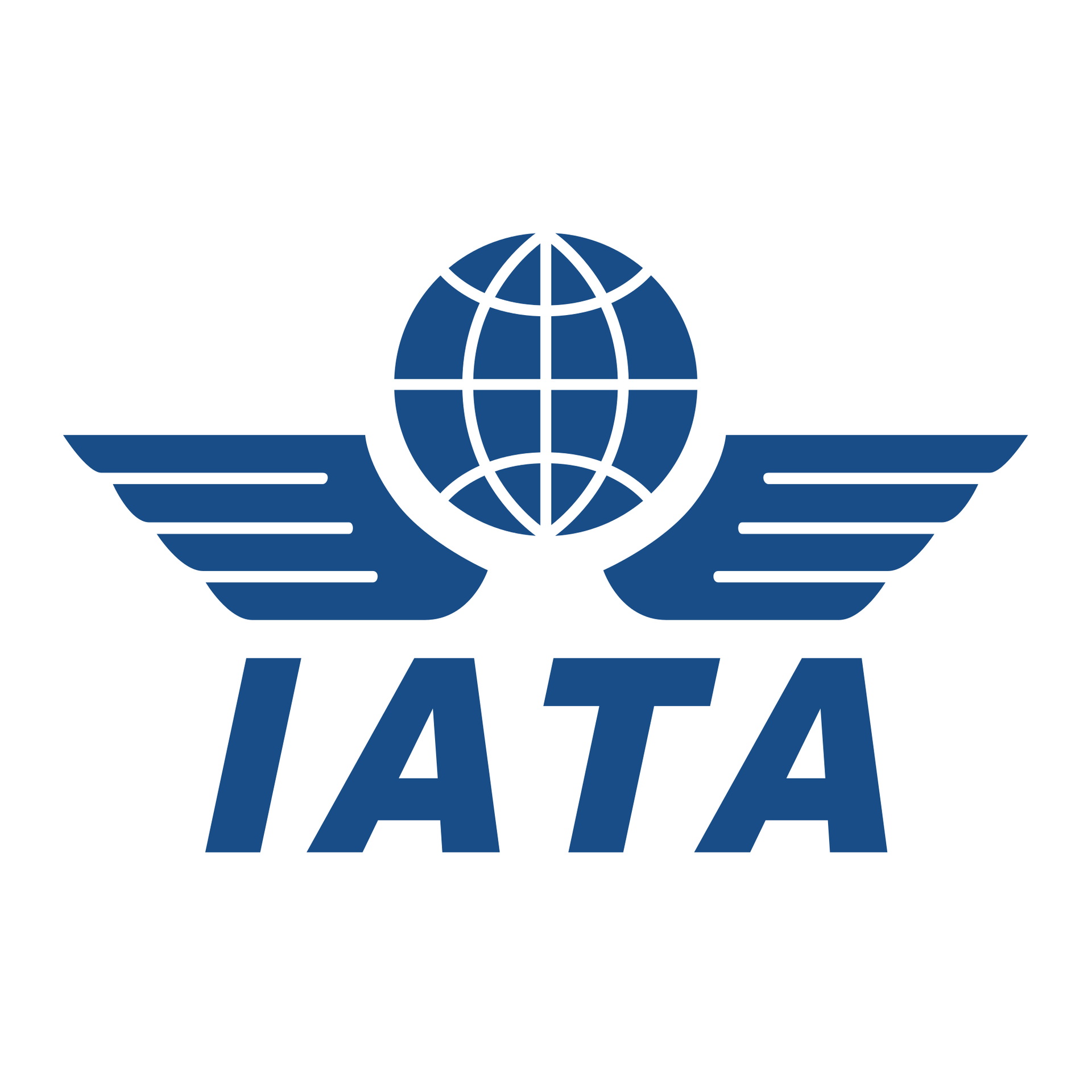 A blue logo for iata with a globe and wings