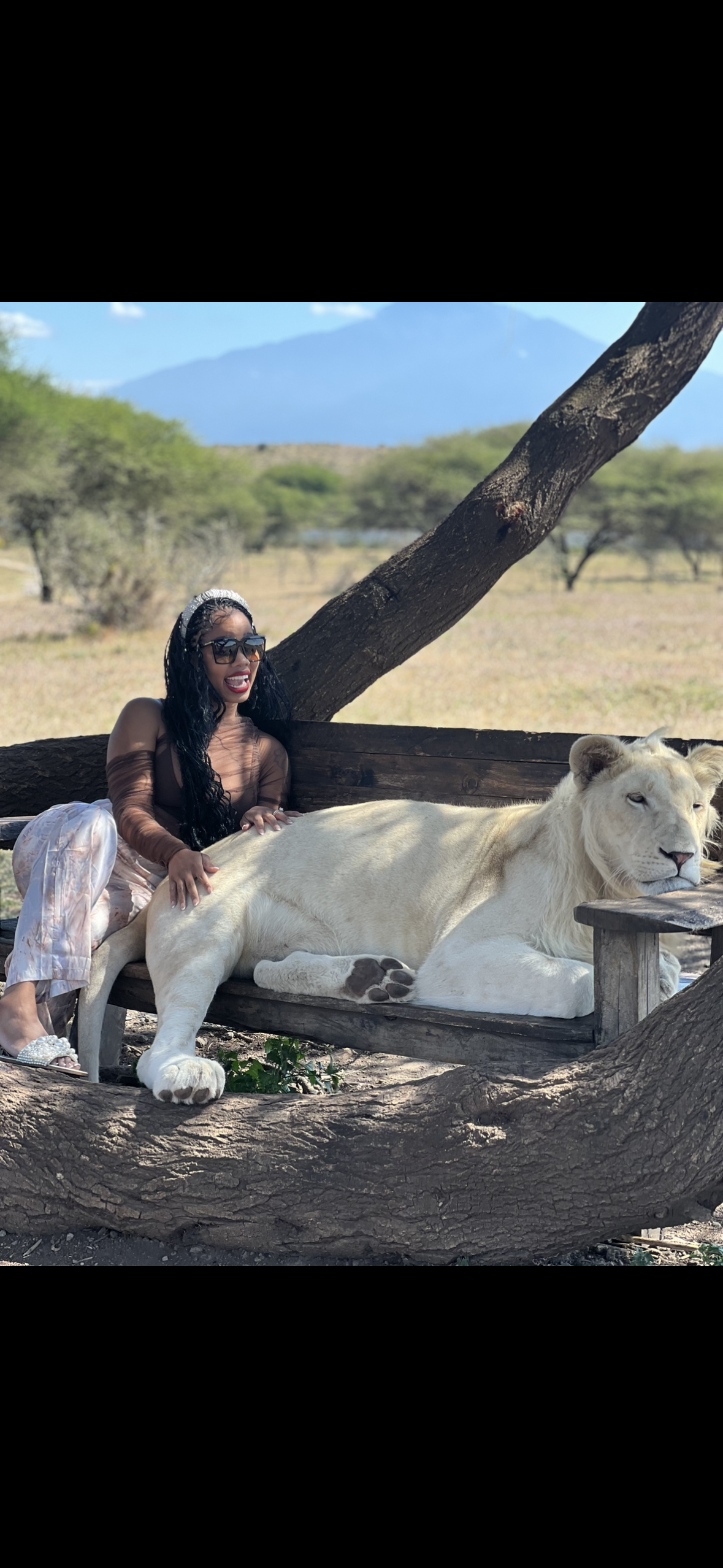 A woman is sitting next to a white lion.