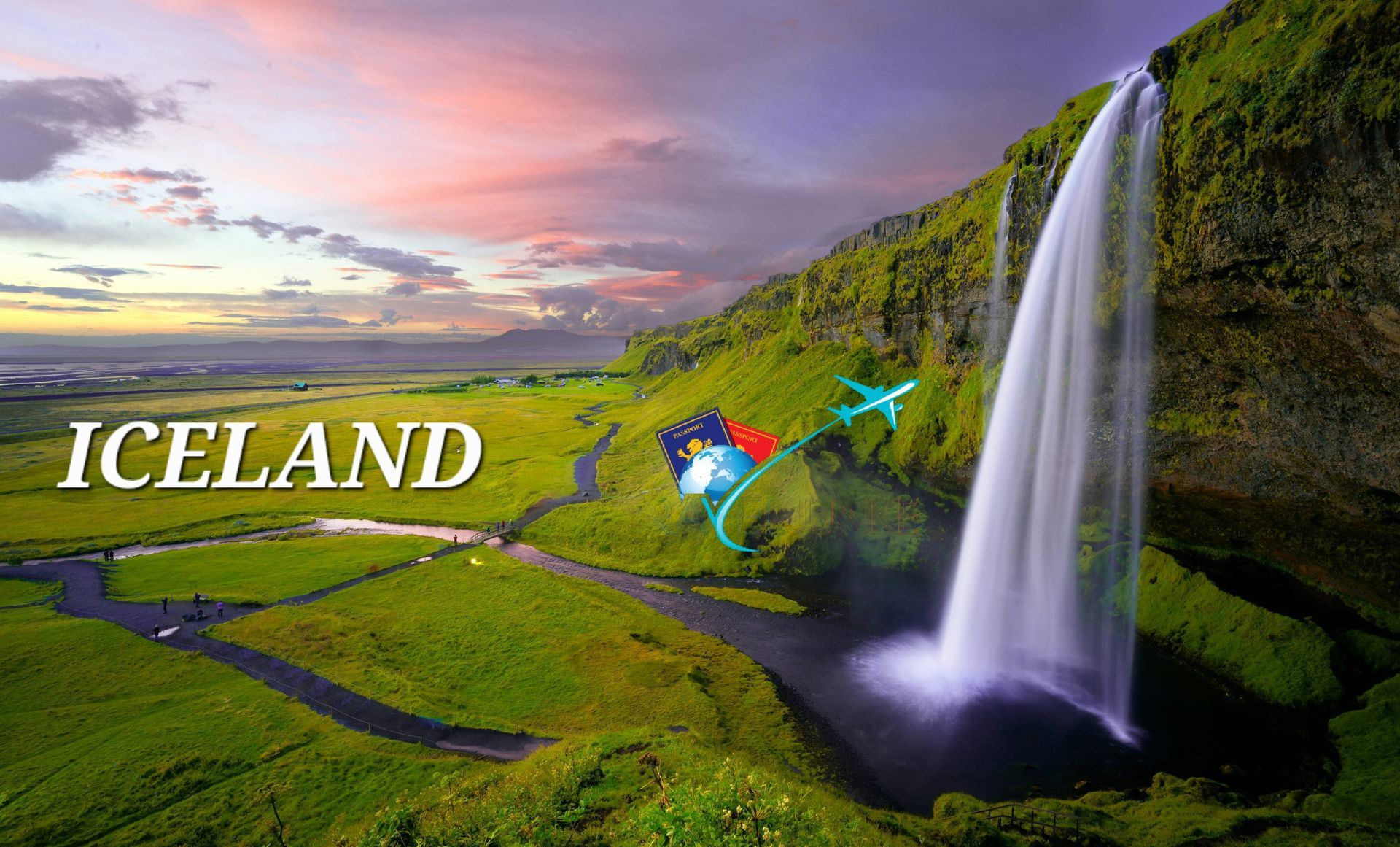 A waterfall in iceland is surrounded by green grass and mountains