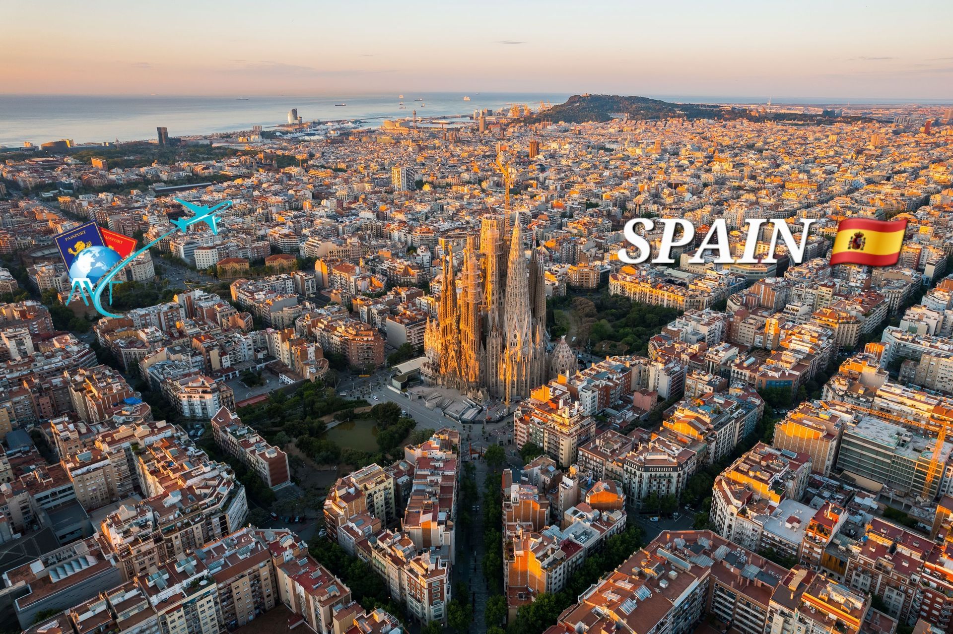 An aerial view of a city with spain written on the bottom