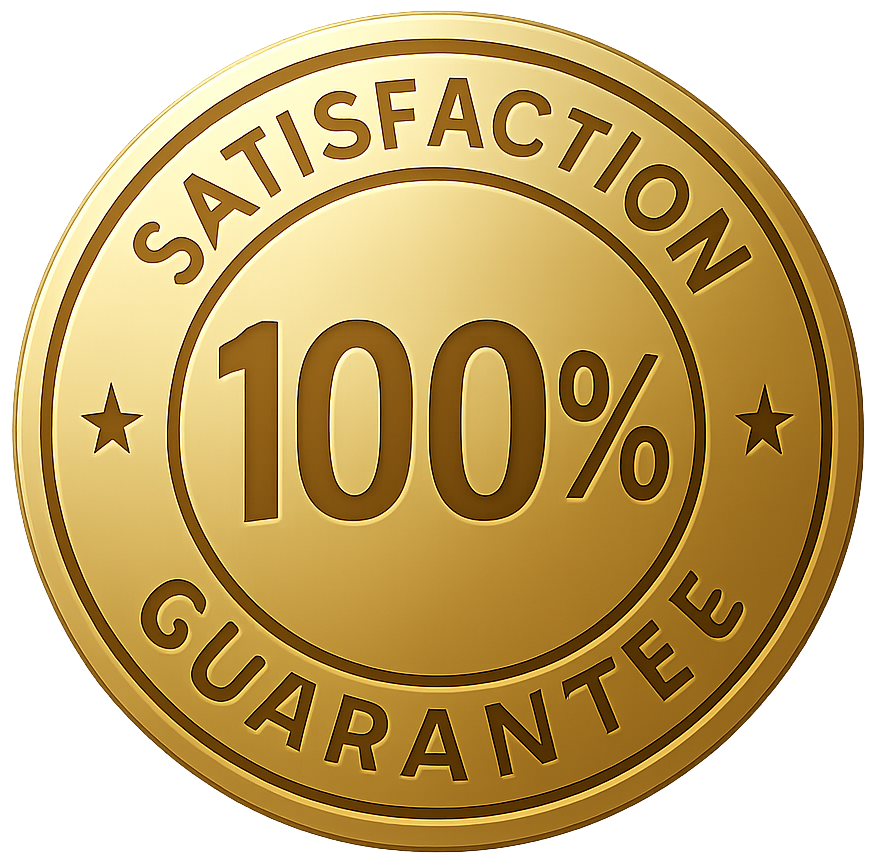 A gold satisfaction guaranteed stamp on a white background.