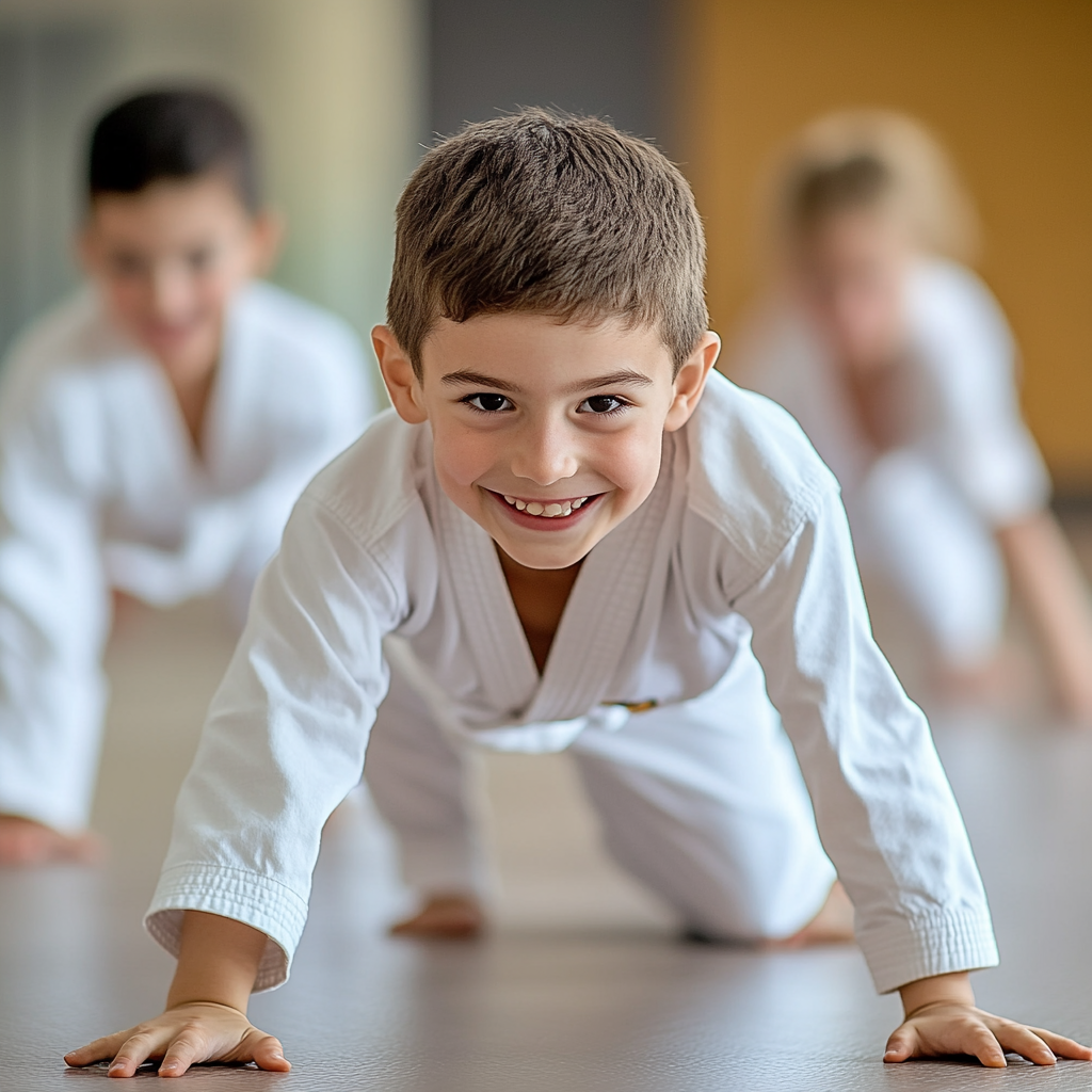 A young boy is wearing a white karate uniform and a purple belt.