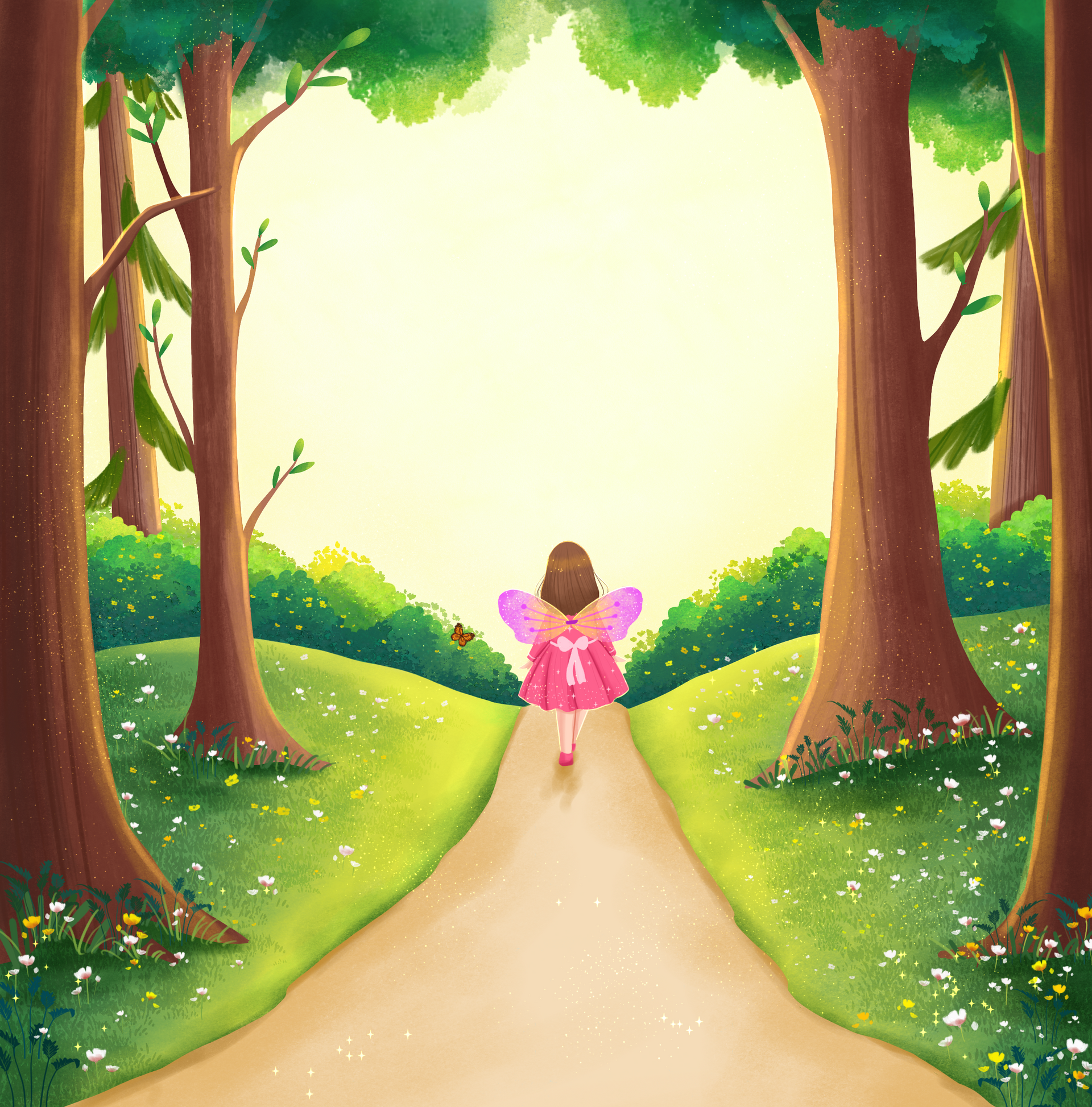 A little girl in a pink dress is walking down a path in the woods with fairy wings.