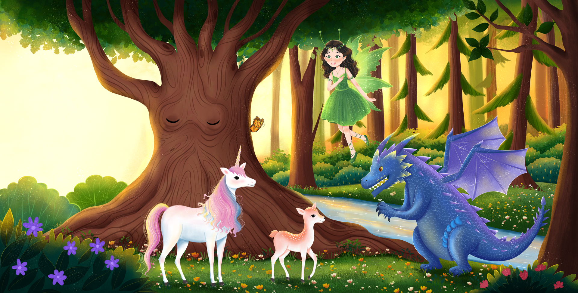 A dragon , unicorn , deer and fairy are standing under a tree in a forest.
