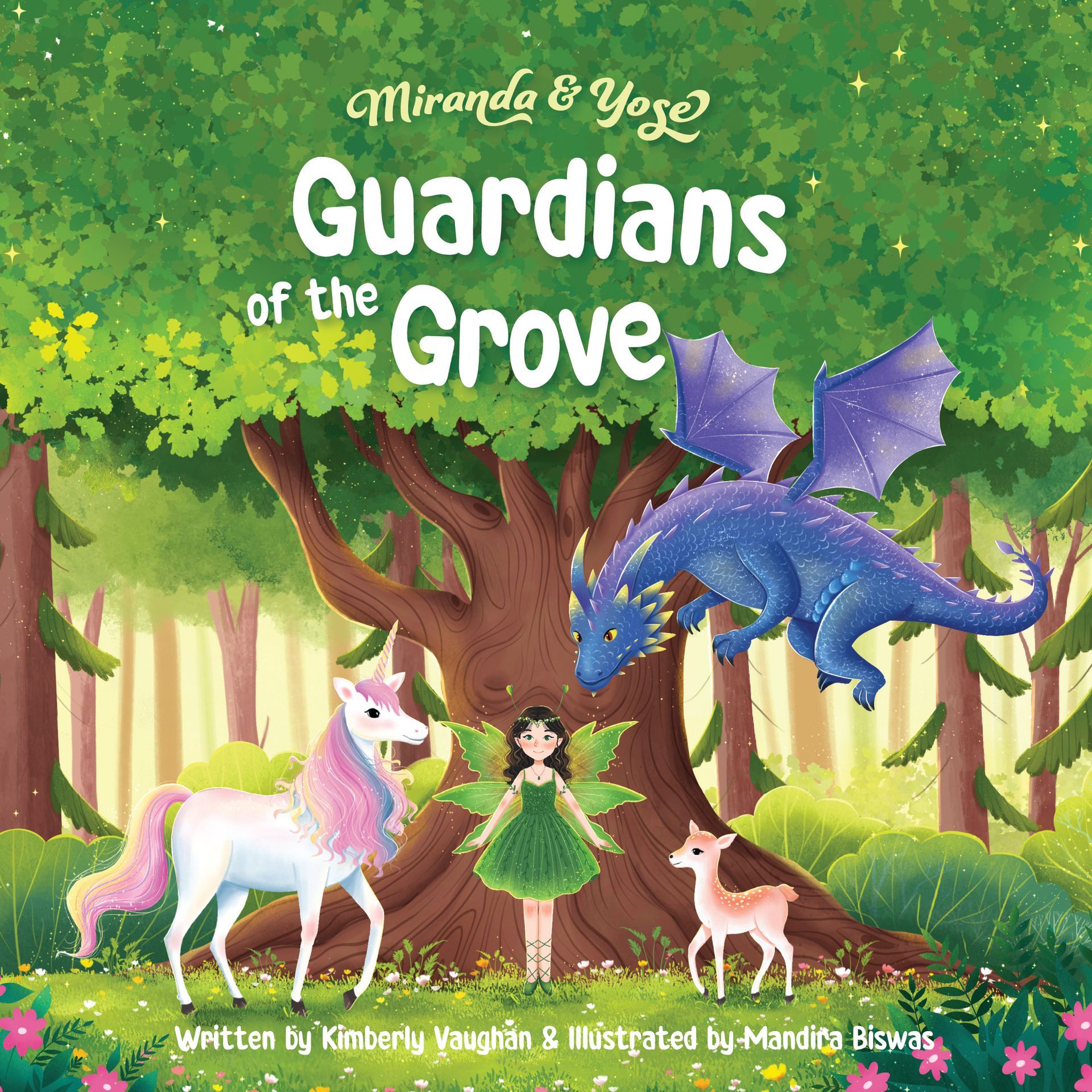 A book called guardians of the grove has a unicorn , fairy , and dragon on the cover.